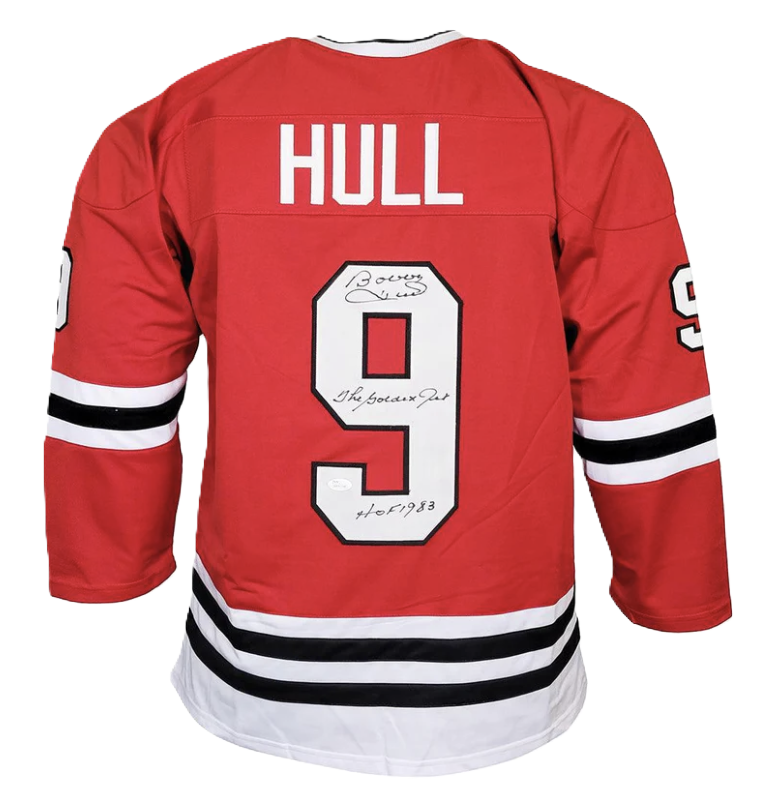 Bobby Hull Autographed Signed The Golden Jet HOF 83 Inscription Chicago Red Hockey Jersey (JSA)