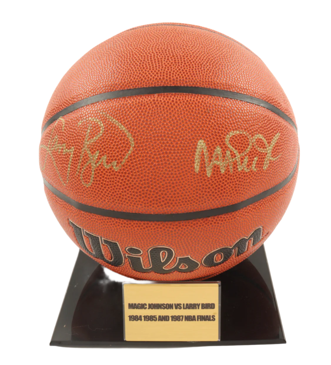 Larry Bird & Magic Johnson Autographed Signed NBA Basketball With Display Stand (PSA & Beckett)